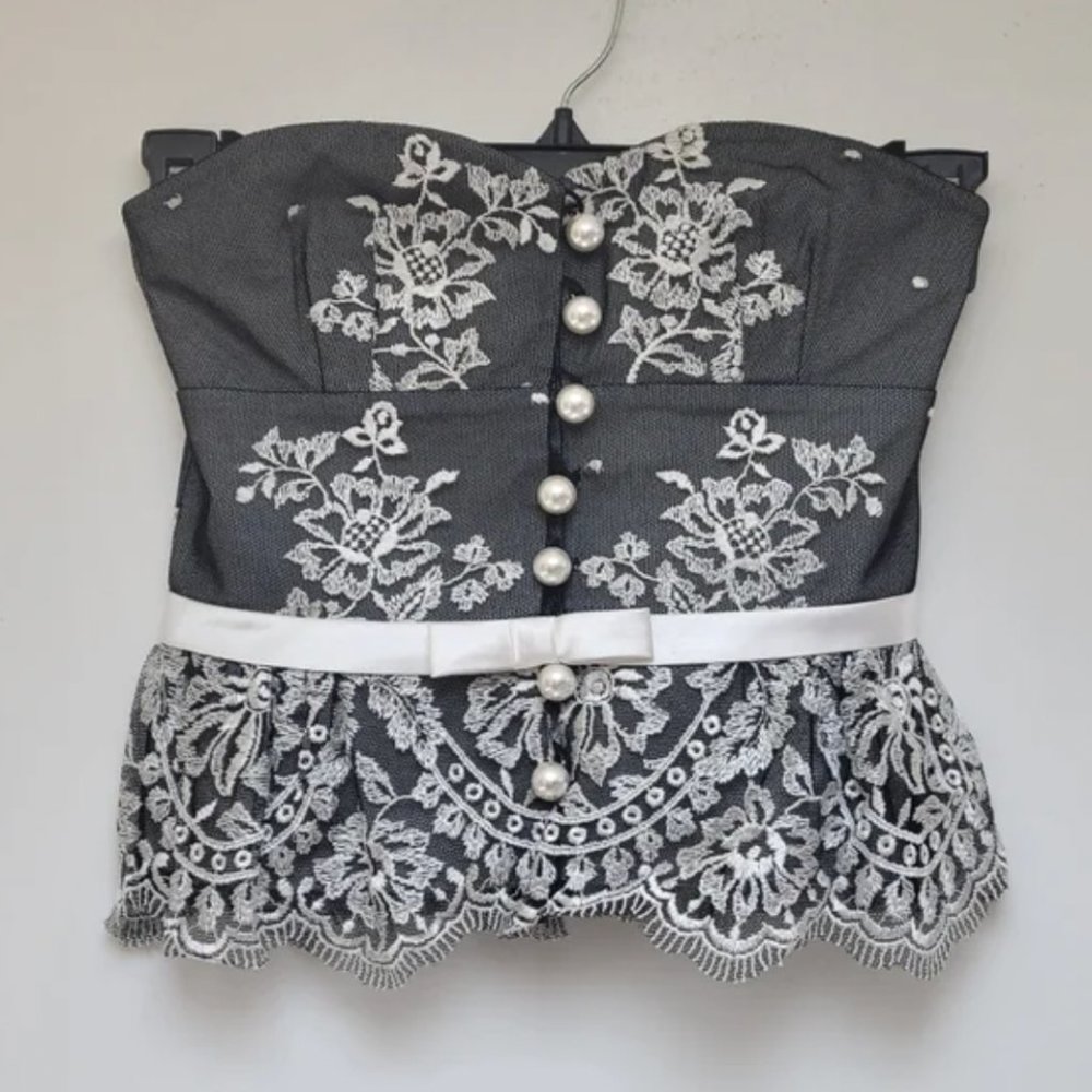Stunning!! Rare Byron Lars Black White Lace Floral Pearl Buttoned Corset Size 4